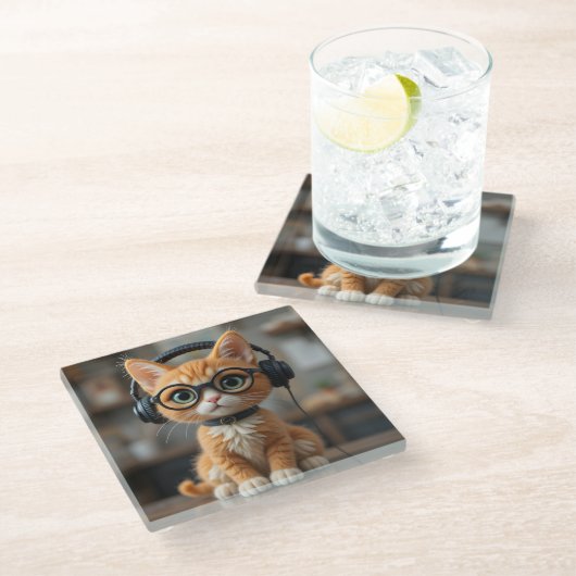 生姜よくはしゃぐ猫 ガラスコースター (アングル)