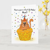 生姜カップケーキ猫を持つ叔母のバースデーカード カード (黄色い花)
