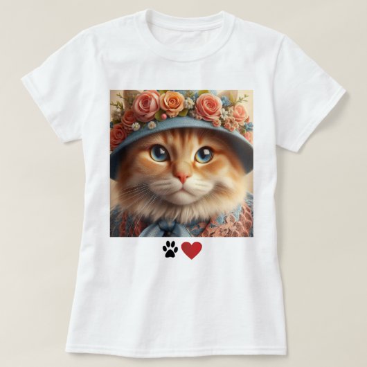 生姜キャット入りブルーハット花猫好き Tシャツ (デザイン正面)