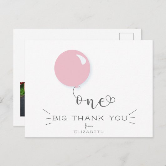 生後1年おめでとう！ピンクの風船 ありがとう ポストカード (正面/裏面)