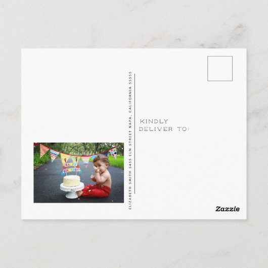 生後1年おめでとう！ピンクの風船 ありがとう ポストカード (裏面)