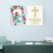 生後1年 お洗礼 ピンクの女の子 ゴールド テキスト フォト 横断幕 (トレードショー)