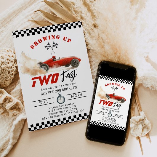 生後2歳の早く成長する赤いレースカー誕生日 招待状