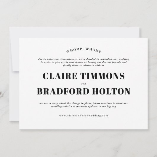 生意気なはっきりしたタイポグラフィの結婚延期 案内状 (裏面)