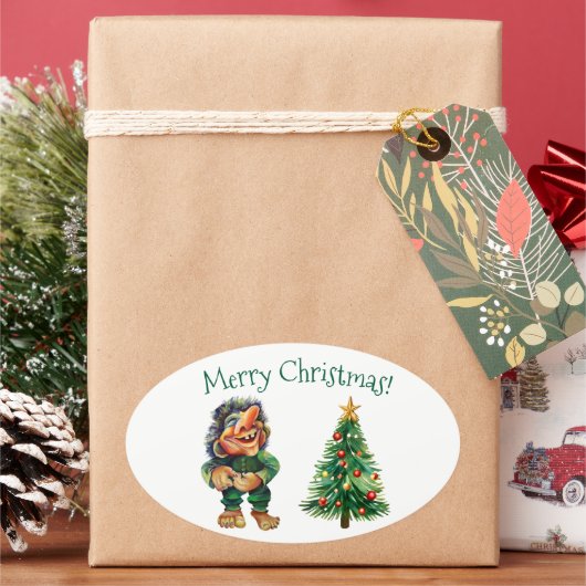 生意気なクリスマストロルと木の喜び 楕円形シール (クリスマス)