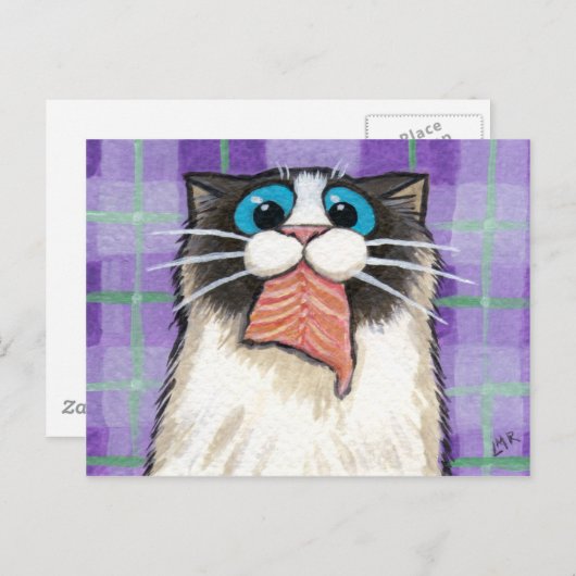 生意気な猫食べ物のサーモンのはがき ポストカード (正面/裏面)