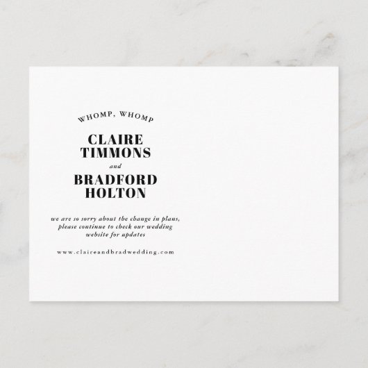 生意気はっきりしたなタイポグラフィ結婚ーの延期 案内ポストカード (裏面)