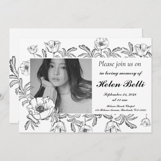 生死エレガント記念葬式の写真お祝い 招待状 (正面/裏面)