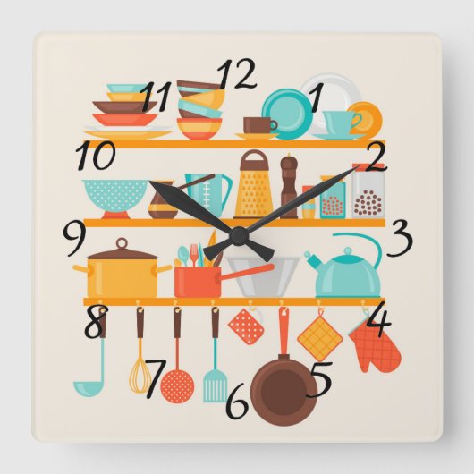 生気に満ちた台所項目 スクエア壁時計 (正面)