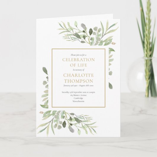 生活のお祝い緑のフローラ葬式を折り畳んだ 招待状 (正面)