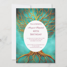 生活のツリー金ゴールドティール（緑がかった色）任意の年齢の誕生日パーティー 招待状