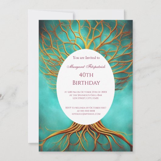 生活のツリー金ゴールドティール(緑がかった色)任意の年齢の誕生日パーティー 招待状 (正面)