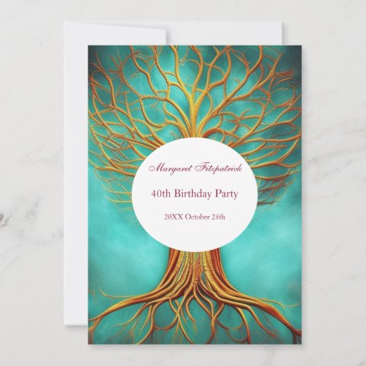 生活のツリー金ゴールドティール(緑がかった色)任意の年齢の誕生日パーティー 招待状 (裏面)