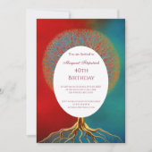 生活のツリー金ゴールド赤いティール（緑がかった色）任意の年齢の誕生日パーティー 招待状 (正面)