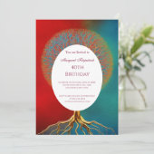 生活のツリー金ゴールド赤いティール（緑がかった色）任意の年齢の誕生日パーティー 招待状 (スタンド正面)