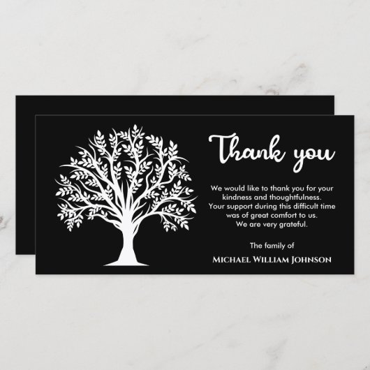 生涯の木の葬儀の白黒 サンキューカード (正面/裏面)