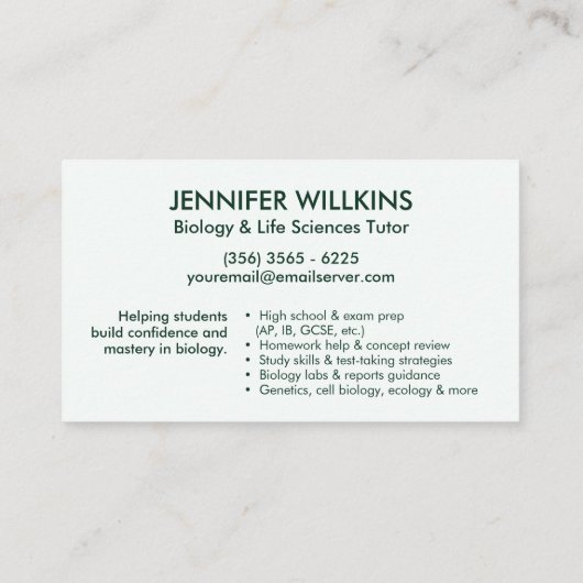 生物学理科指導サービス – 先生 名刺 (裏面)