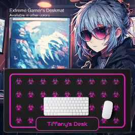 生物学的災害［有害物質］記号 – 黒い背景のホットピンク デスクマット