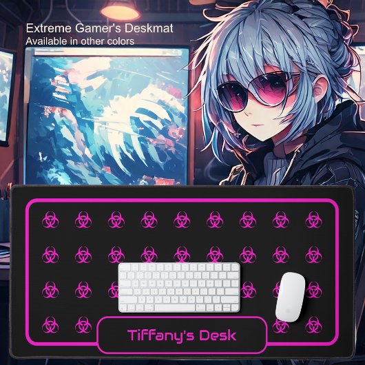 生物学的災害［有害物質］記号 – 黒い背景のホットピンク デスクマット