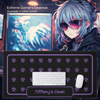 生物学的災害［有害物質］記号 – 黒い背景の紫 デスクマット