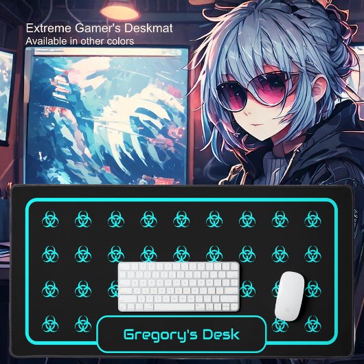 生物学的災害［有害物質］記号 – 黒い背景の青いシアン デスクマット