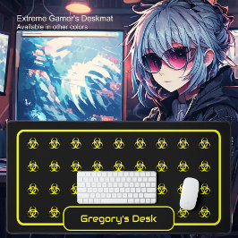 生物学的災害［有害物質］記号 – 黒い背景の黄色 デスクマット