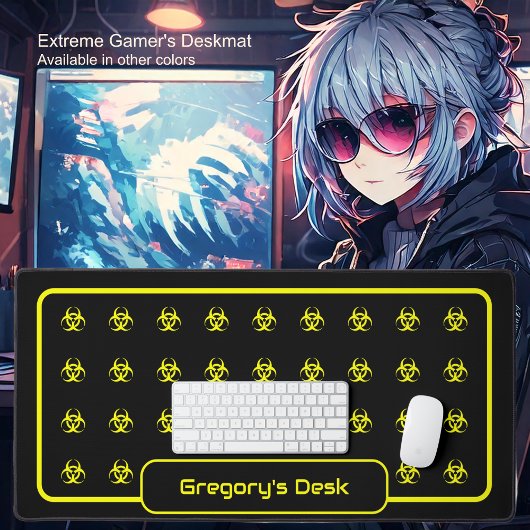 生物学的災害［有害物質］記号 – 黒い背景の黄色 デスクマット