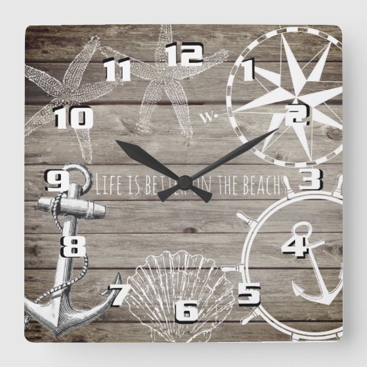 生素朴活がより良いビーチ スクエア壁時計 (正面)