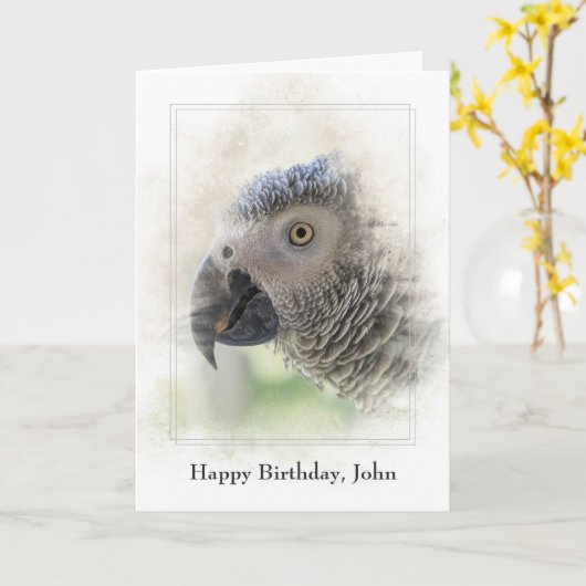 生誕パーソナライズされた生日 – アフリカ灰色 カード (黄色い花)