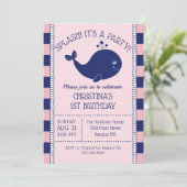 生誕生日向航海のけブルーホエールピンクブルーストライプ 招待状 (スタンド正面)