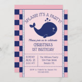 生誕生日向航海のけブルーホエールピンクブルーストライプ 招待状 (正面/裏面)