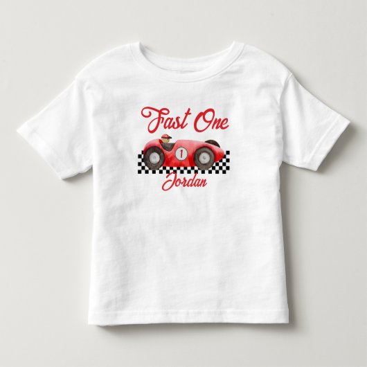 生誕1周年 赤いレーシングカー 速い1台 トドラーTシャツ (正面)