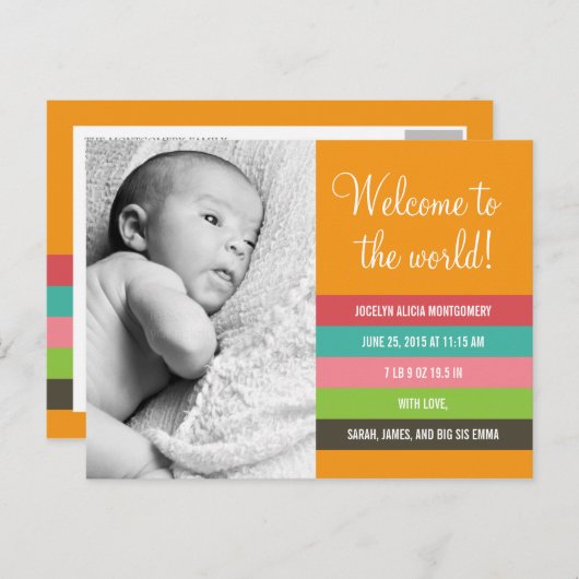 生鮮カラフルと出産のお知らせ – Baby Girl 案内ポストカード (正面/裏面)