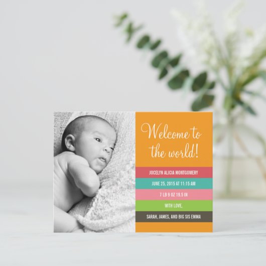 生鮮カラフルと出産のお知らせ – Baby Girl 案内ポストカード (スタンド正面)