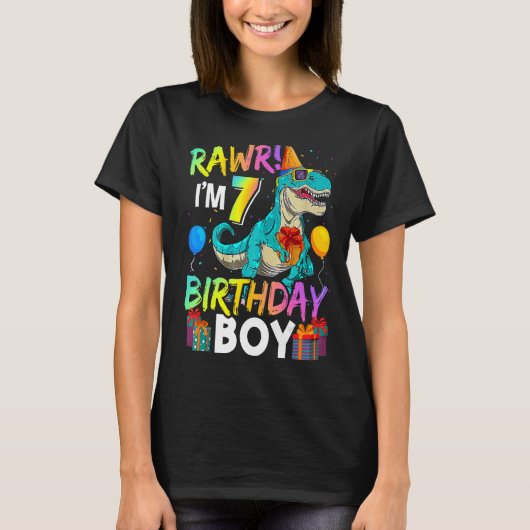 生I'm 7誕生日少年おもしろい恐竜エアバルーン Tシャツ (正面)
