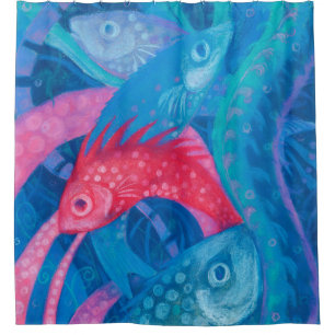産卵中の魚の水中アート絵画のピンク色の青 シャワーカーテン