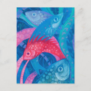 産卵、魚、ピンクとブルー、水中の絵画 ポストカード