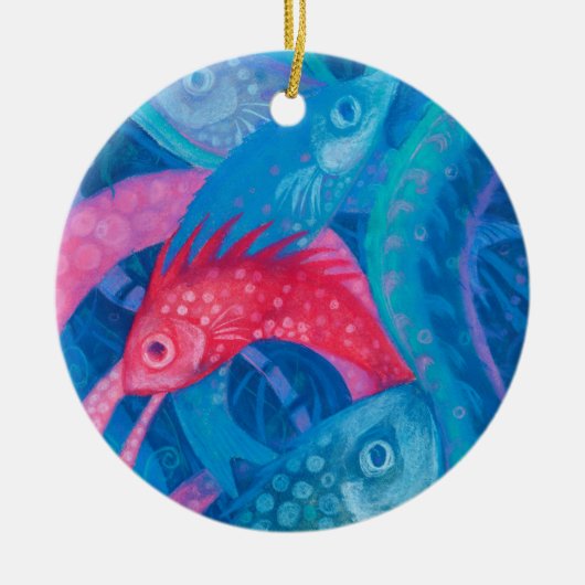 産卵,魚,水中アート,パステルブルー,ピンク セラミックオーナメント (正面)