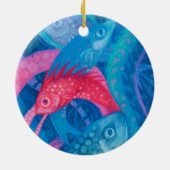 産卵,魚,水中アート,パステルブルー,ピンク セラミックオーナメント (裏面)