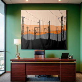 産業用サンセットシルエットの電源ライン タペストリー