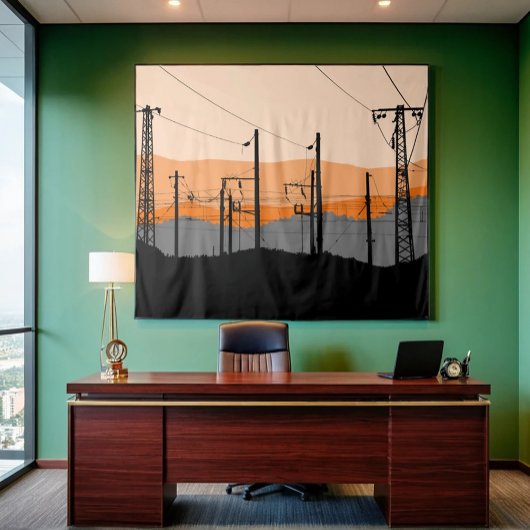 産業用サンセットシルエットの電源ライン タペストリー