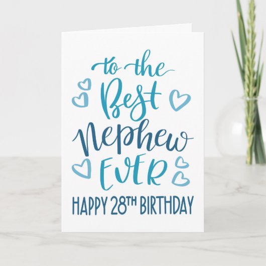 甥っ子おめでとう28歳の誕生日お祝いブルータイポグラフィ カード (正面)