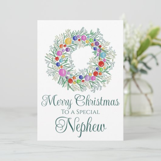 甥っ子のカラフルなクリスマスリース シーズンカード (スタンド正面)