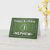 甥っ子のサッカーの誕生日おめでとう グラウンドとボール カード (黄色い花)