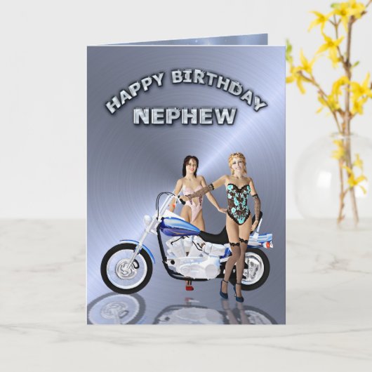 甥のために、女の子とバイクの誕生日 カード (黄色い花)