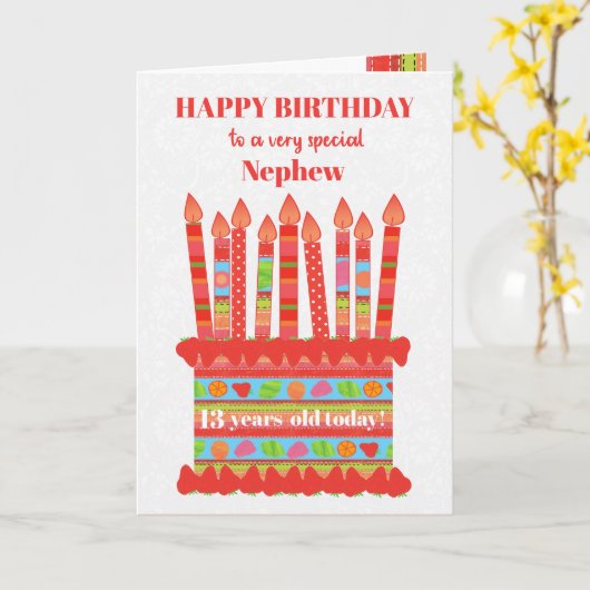 甥のカスタム年齢お誕生日ケーキカード カード (黄色い花)