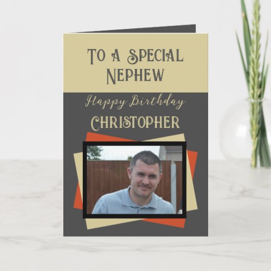 甥の写真名グレーオレンジの誕生日 カード (正面)