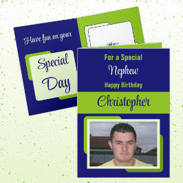 甥の名写真青い緑の誕生日 カード