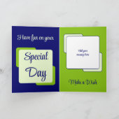 甥の名写真青い緑の誕生日 カード (内部)