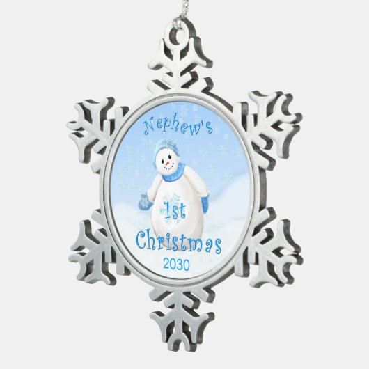 甥の第1クリスマスの記念品 スノーフレークピューターオーナメント (右)